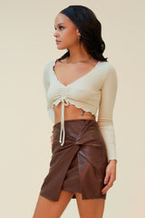 FLAMING HOT RUCHED RIBBED CROP TOP - STONE