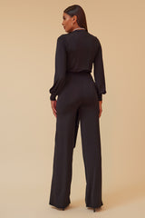 DYNASTY LONG SLEEVE SURPLICE JUMPSUIT WITH MATCHING BELT - BLACK