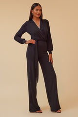 DYNASTY LONG SLEEVE SURPLICE JUMPSUIT WITH MATCHING BELT - BLACK