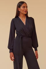 DYNASTY LONG SLEEVE SURPLICE JUMPSUIT WITH MATCHING BELT - BLACK