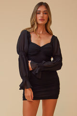 IN THE DETAILS SIDE RUCHING OFF THE SHOULDER DRESS - BLACK