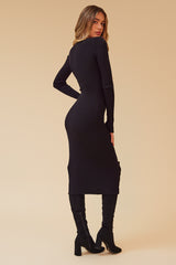 BLURRED OFF THE SHOULDER RIBBED MIDI DRESS - BLACK
