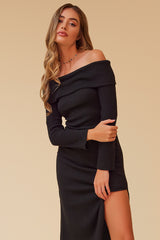 BLURRED OFF THE SHOULDER RIBBED MIDI DRESS - BLACK