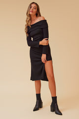 BLURRED OFF THE SHOULDER RIBBED MIDI DRESS - BLACK