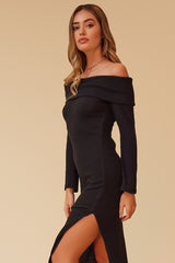 BLURRED OFF THE SHOULDER RIBBED MIDI DRESS - BLACK