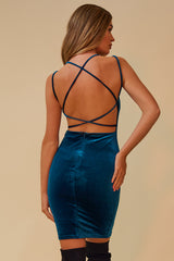 THE HOLIDAY GLOWER VELVET CRISSCROSS BACK BODYCON MINI DRESS - TEAL