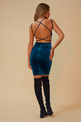 THE HOLIDAY GLOWER VELVET CRISSCROSS BACK BODYCON MINI DRESS - TEAL
