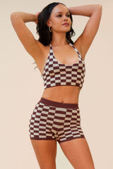 FEELING LUCKY MATCHING BIKER SHORT SET - BROWN/WHITE