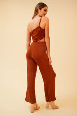 THE FOCAL POINT ONE-SHOULDER RUCHED HIGH WAISTED JUMPSUIT - BRICK