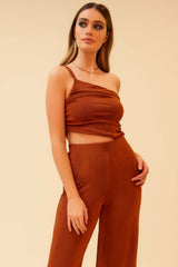 THE FOCAL POINT ONE-SHOULDER RUCHED HIGH WAISTED JUMPSUIT - BRICK