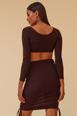 CROSS YOUR MIND RING RUCHED MIDI DRESS - CHOCOLATE