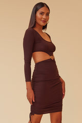 CROSS YOUR MIND RING RUCHED MIDI DRESS - CHOCOLATE
