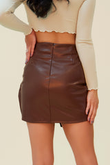 FOR THE NIGHT PLEATHER KNOT FRONT MINI SKIRT - CHOCOLATE