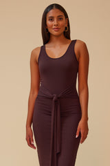 THE FREESTYLER TIE FRONT MIDI DRESS WITH MATCHING CARDIGAN - BROWN