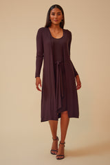 THE FREESTYLER TIE FRONT MIDI DRESS WITH MATCHING CARDIGAN - BROWN