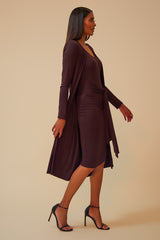 THE FREESTYLER TIE FRONT MIDI DRESS WITH MATCHING CARDIGAN - BROWN