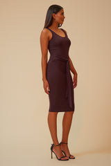 THE FREESTYLER TIE FRONT MIDI DRESS WITH MATCHING CARDIGAN - BROWN