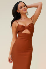 THE SMOKE SHOW BOWKNOT CUT OUT BANDAGE MIDI DRESS - COGNAC