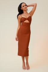 THE SMOKE SHOW BOWKNOT CUT OUT BANDAGE MIDI DRESS - COGNAC