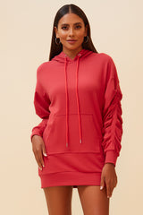ON THE GO PULLOVER RUCHED HOODIE - RUST