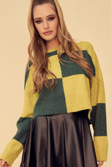 GRASS IS GREENER COLOR BLOCK CROPPED SWEATER - HUNTER GREEN/ALGAE