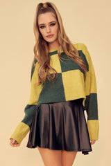 GRASS IS GREENER COLOR BLOCK CROPPED SWEATER - HUNTER GREEN/ALGAE