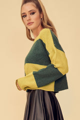 GRASS IS GREENER COLOR BLOCK CROPPED SWEATER - HUNTER GREEN/ALGAE