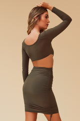CROSS YOUR MIND RING RUCHED MIDI DRESS - OLIVE