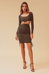 CROSS YOUR MIND RING RUCHED MIDI DRESS - OLIVE