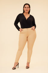 START ALL OVER MID RISE PONTE SKINNY PANT - KHAKI