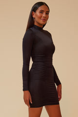 BREAK THE ICE RUCHED MINI DRESS - BLACK