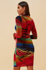 GLOW RIGHT VELVET BODYCON MIDI DRESS - RED/MULTI