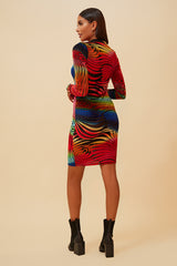 GLOW RIGHT VELVET BODYCON MIDI DRESS - RED/MULTI