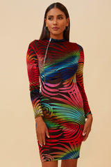 GLOW RIGHT VELVET BODYCON MIDI DRESS - RED/MULTI