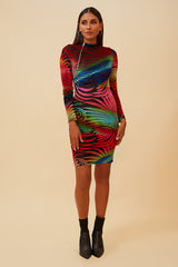 GLOW RIGHT VELVET BODYCON MIDI DRESS - RED/MULTI