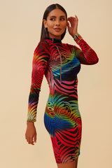 GLOW RIGHT VELVET BODYCON MIDI DRESS - RED/MULTI
