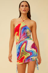 SUMMER SWIRL HALTER MINI DRESS - MULTI