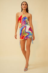 SUMMER SWIRL HALTER MINI DRESS - MULTI