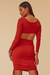 CROSS YOUR MIND RING RUCHED MIDI DRESS - RUST