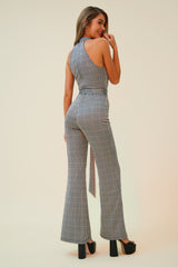 GETTING YOUR ATTENTION PLAID JUMPSUIT WITH MATCHING BELT - GREY/MULTI