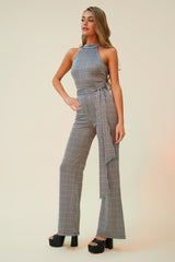 GETTING YOUR ATTENTION PLAID JUMPSUIT WITH MATCHING BELT - GREY/MULTI