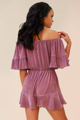 WALK THIS WAY PLEATED OFF THE SHOULDER ROMPER - LIGHT PURPLE