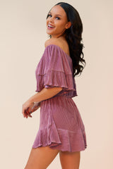 WALK THIS WAY PLEATED OFF THE SHOULDER ROMPER - LIGHT PURPLE