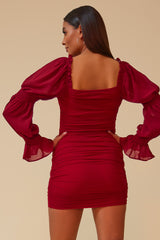 IN THE DETAILS SIDE RUCHING OFF THE SHOULDER DRESS - BURGUNDY