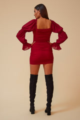 IN THE DETAILS SIDE RUCHING OFF THE SHOULDER DRESS - BURGUNDY