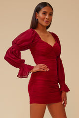 IN THE DETAILS SIDE RUCHING OFF THE SHOULDER DRESS - BURGUNDY