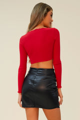 FLAMING HOT RUCHED RIBBED CROP TOP - RED