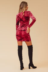 EXHALE VELVET & GLITTER V-NECK MINI DRESS - WINE/WHITE