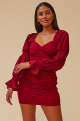 IN THE DETAILS SIDE RUCHING OFF THE SHOULDER DRESS - BURGUNDY