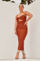 THE SMOKE SHOW BOWKNOT CUT OUT BANDAGE MIDI DRESS - COGNAC
